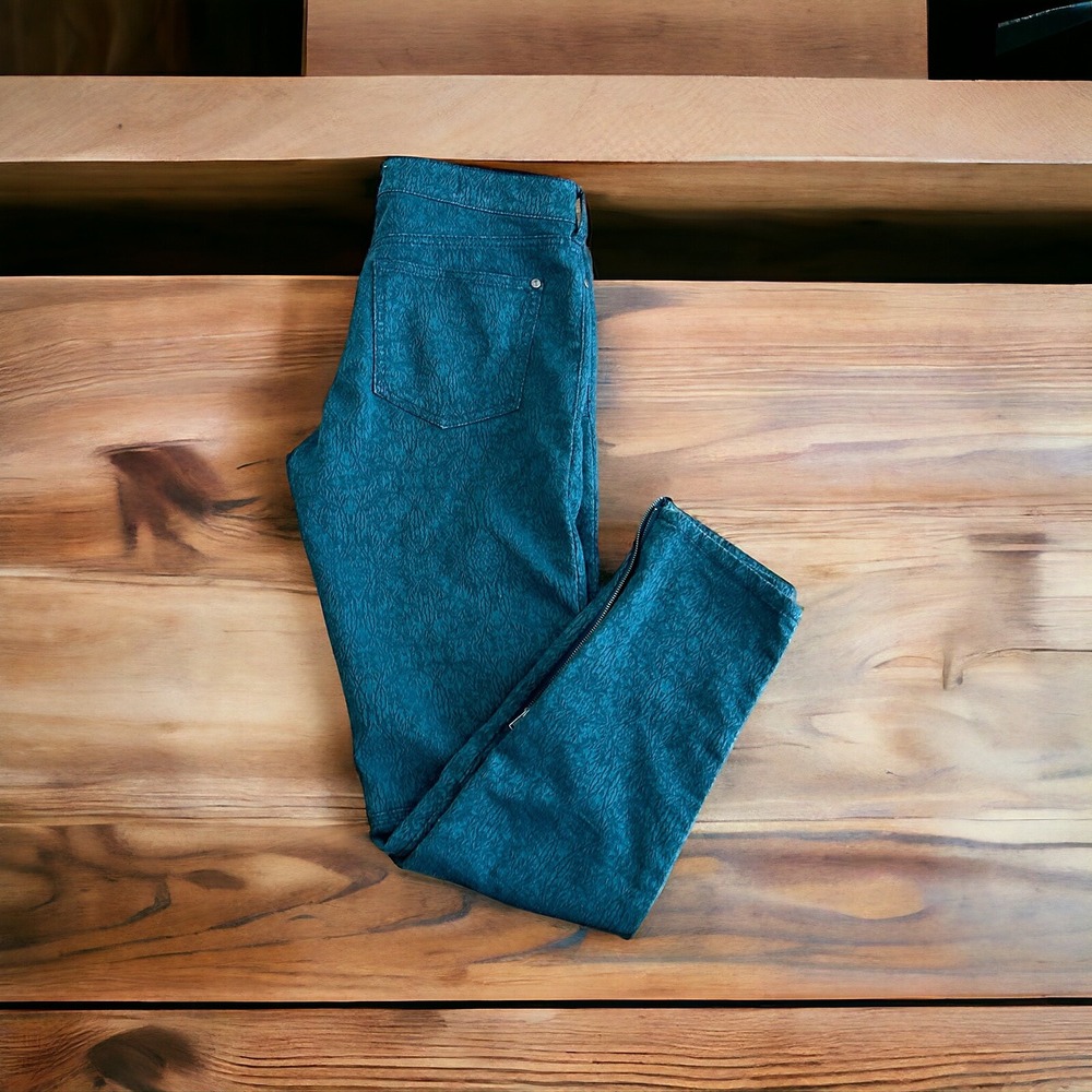 Anthropologie Pilcro And The Letterpress Green Printed Jeans Skinny 27 Ankle Zip